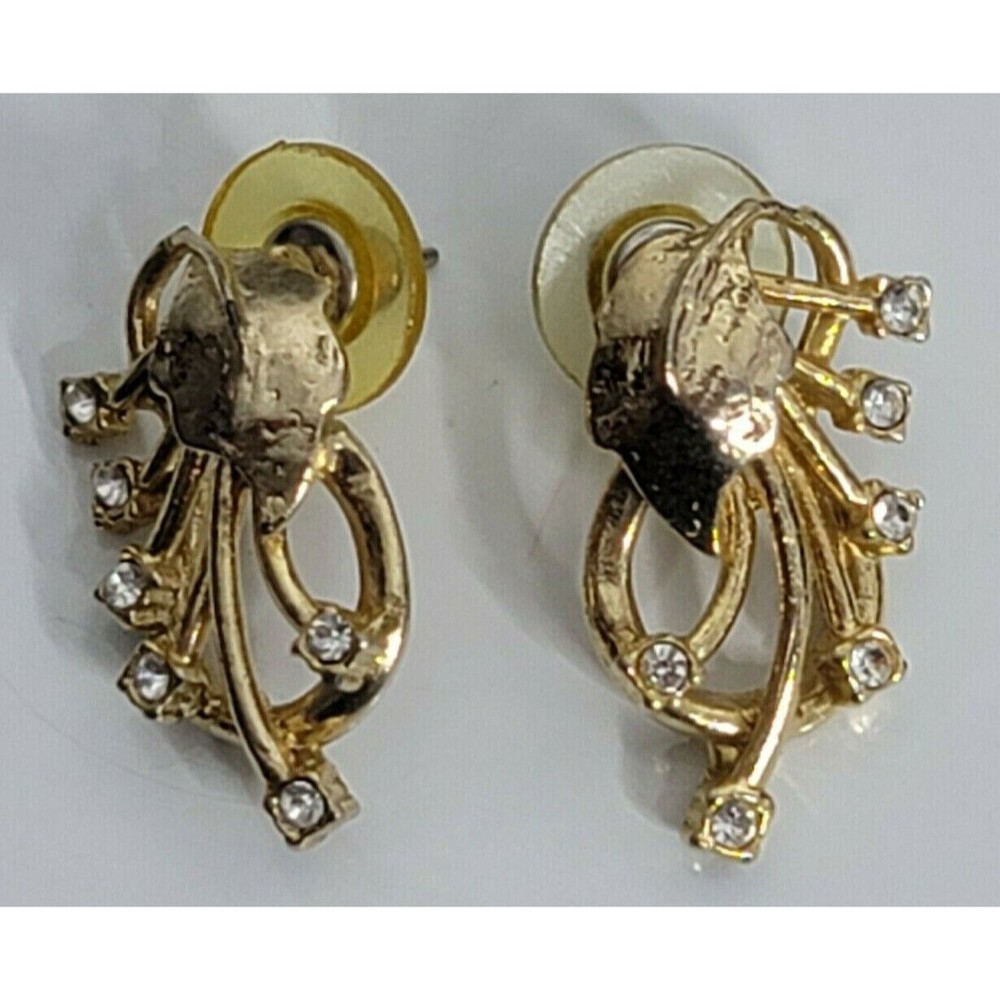 Vintage Leaf Design‎ Clear Rhinestone Gold Tone Earrings